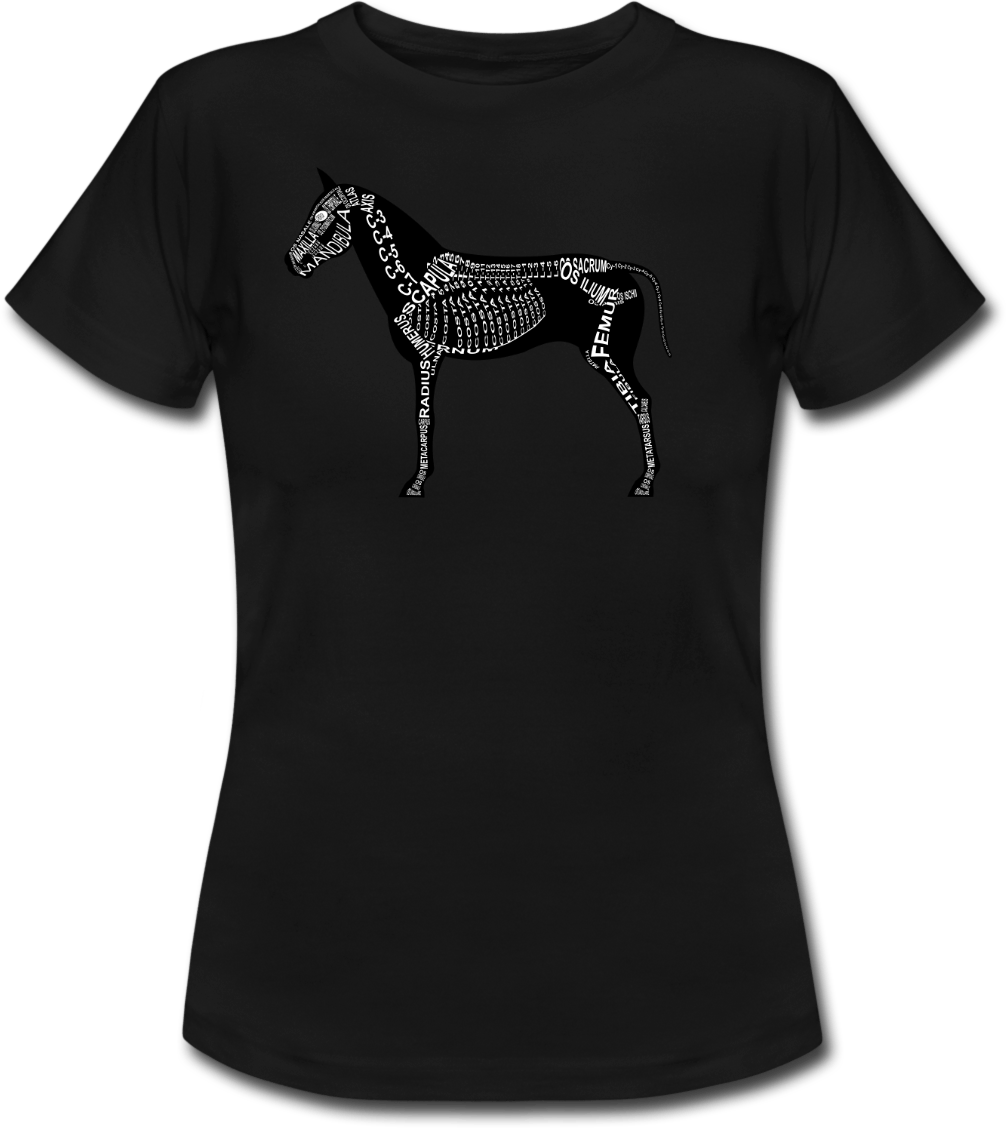 T-Shirt mit Pferde-Skelett und anatomischer Bezeichnung der Knochen für Tierärzte und Tiermedizin-Studenten - Wort Anatomie