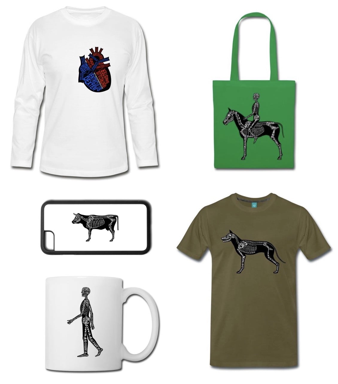 Auswahl verschiedener Produkte mit Wort-Anatomie Motiven: Pullover, Beutel, Smartphone-Hülle, Tasse, T-Shirt