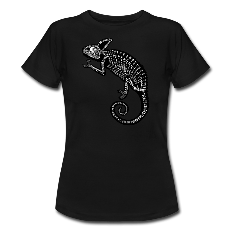 T-Shirt mit Chamäleon-Skelett und anatomischer Bezeichnung der Knochen für Tierärzte und Tiermedizin-Studenten - Wort Anatomie