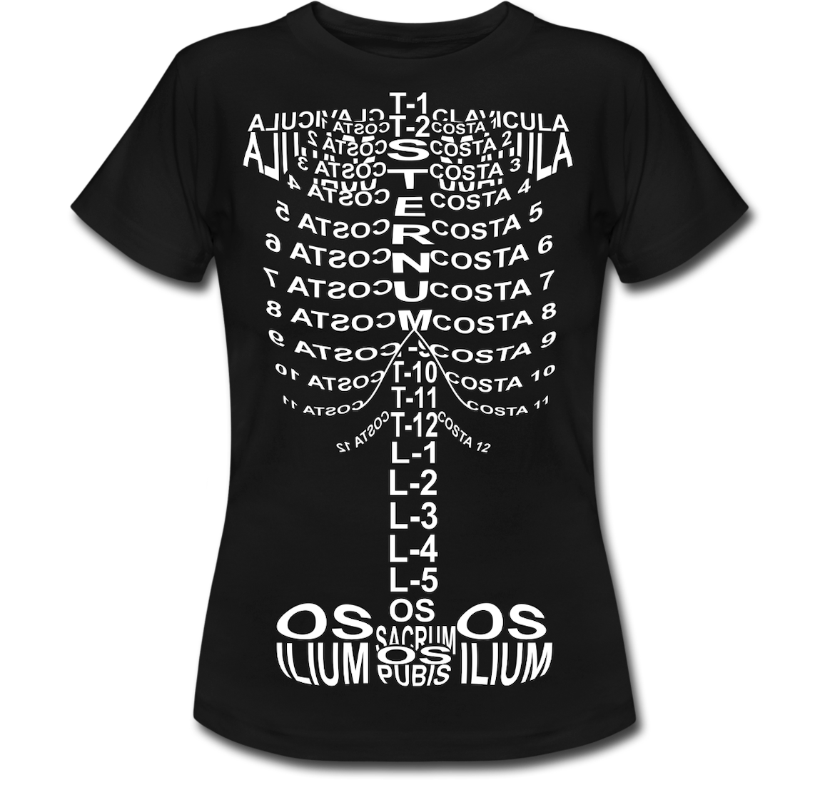 T-Shirt mit Skelett des menschlichen Körpers mit anatomischer Bezeichnung der Knochen für Ärzte und Medizin-Studenten - Wort Anatomie