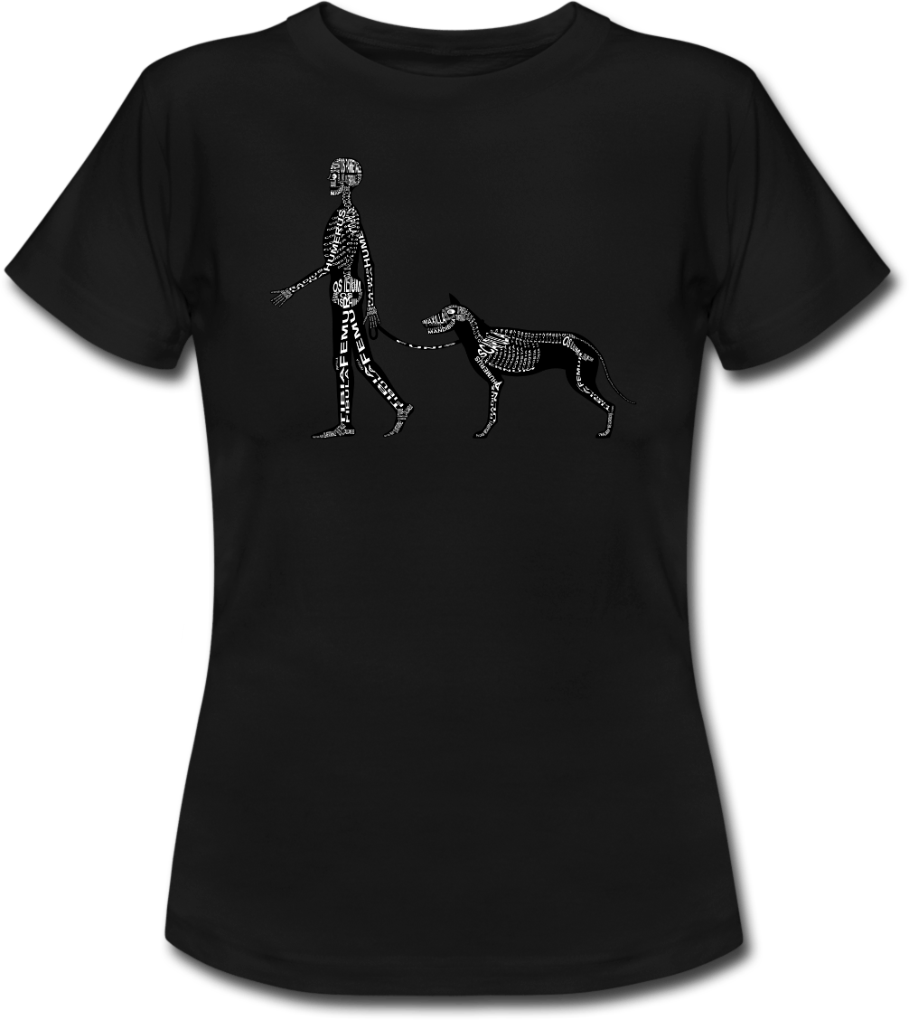 T-Shirt mit Skelett von Mensch und Hund mit anatomischer Bezeichnung der Knochen für Ärzte, Tierärzte und Medizin-Studenten - Wort Anatomie