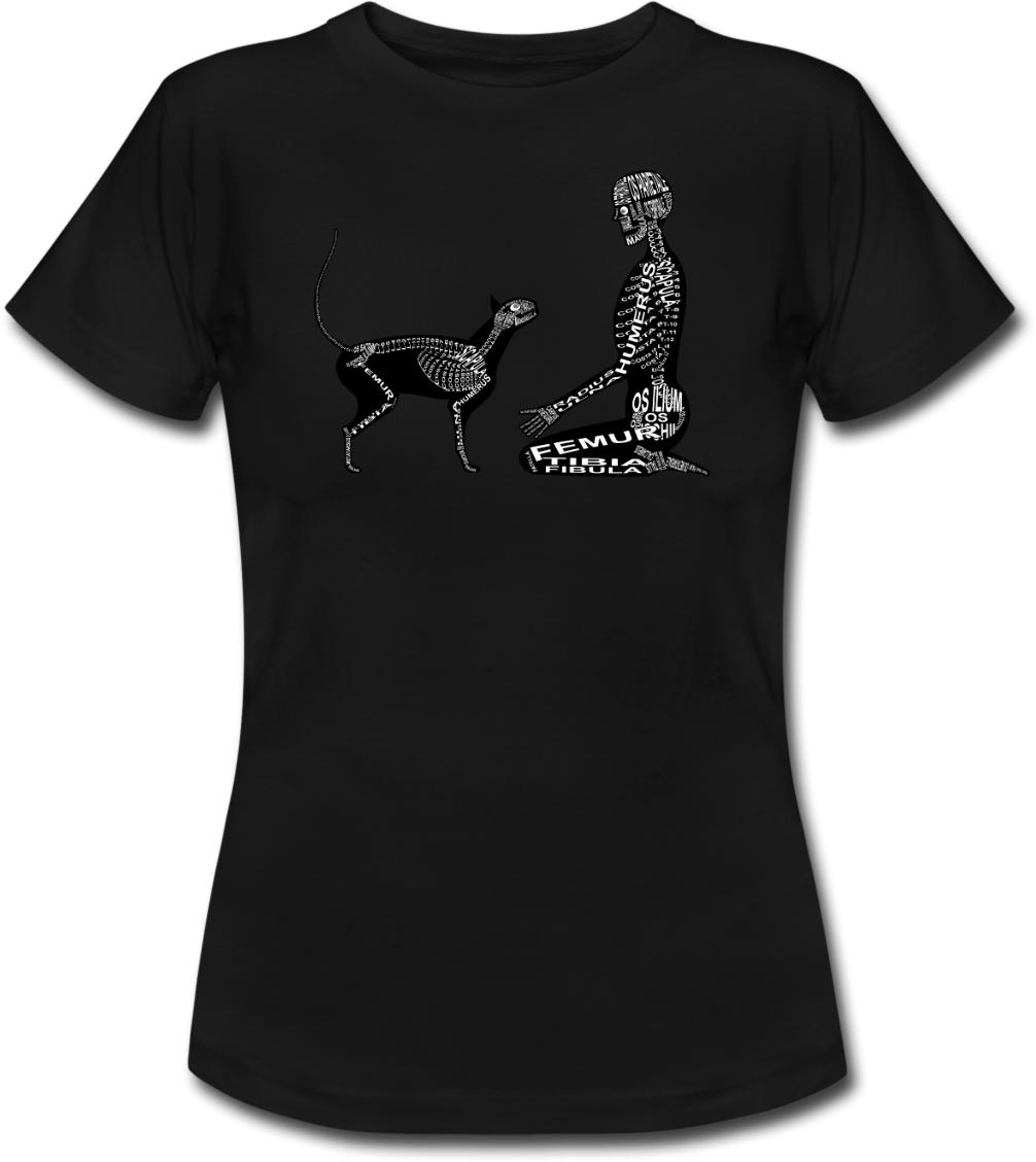 T-Shirt mit Skelett von Mensch und Katze mit anatomischer Bezeichnung der Knochen für Ärzte, Tierärzte und Medizin-Studenten - Wort Anatomie