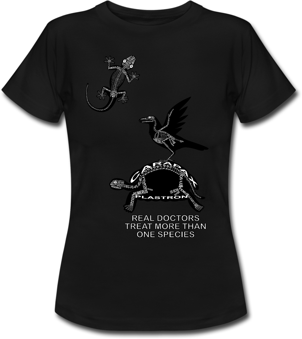 T-Shirt mit Spruch Real Doctors treat more than one Species und Skelett von Schildkröte, Gecko und Rabe für Exoten-Tierärzte und Tiermedizin-Studenten - Wort Anatomie