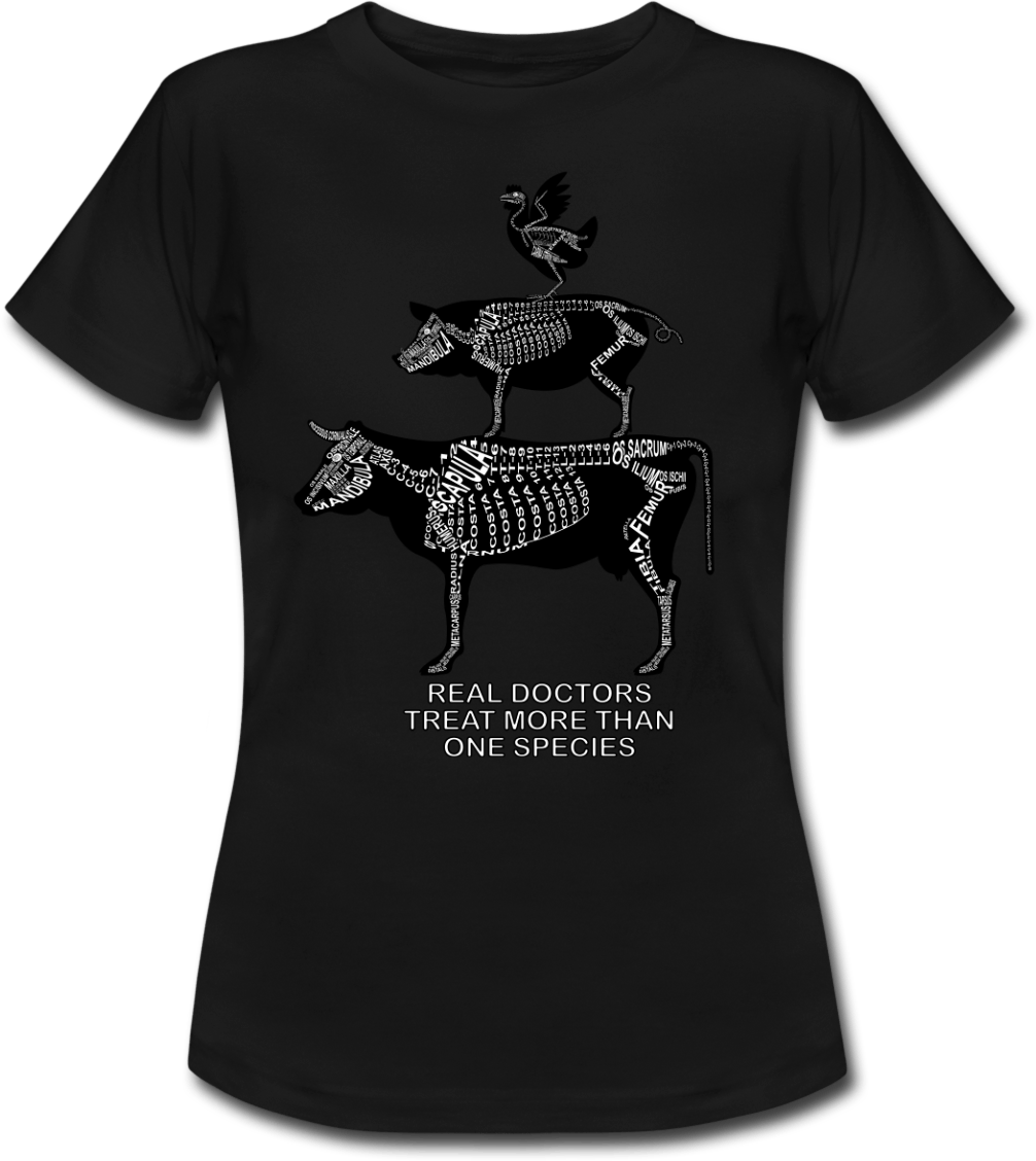 T-Shirt mit Spruch Real Doctors treat more than one Species und Skelett von Rind, Schwein und Huhn für Großtier-Tierärzte und Tiermedizin-Studenten - Wort Anatomie