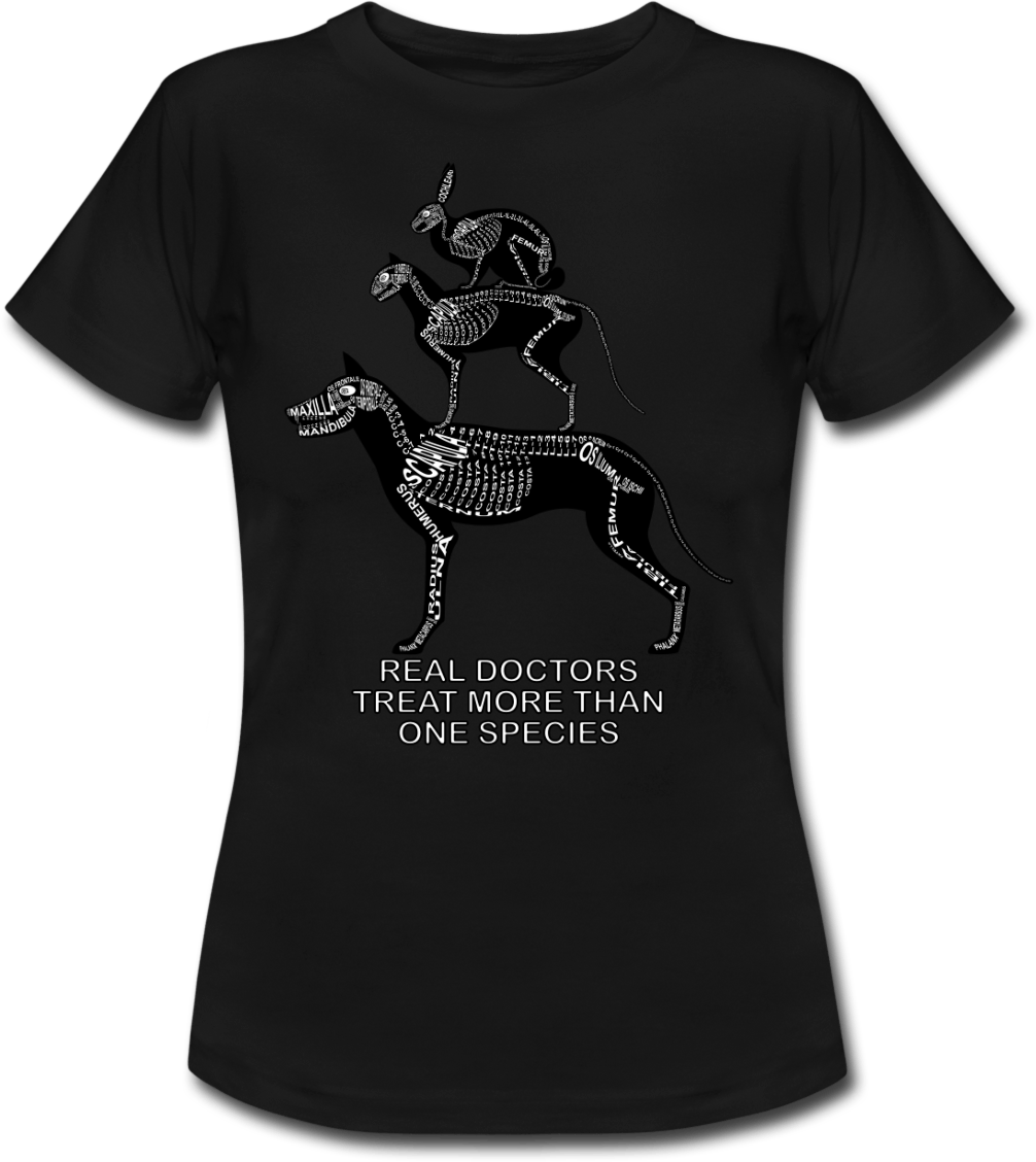 T-Shirt mit Spruch Real Doctors treat more than one Species und Skelett von Hund, Katze und Hase für Heimtier-Tierärzte und Tiermedizin-Studenten - Wort Anatomie
