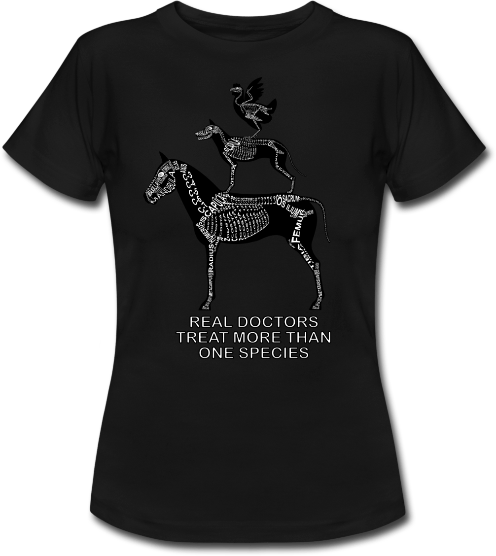 T-Shirt mit Spruch Real Doctors treat more than one Species und Skelett von Pferd, Hund und Huhn für Kleintier-Tierärzte und Tiermedizin-Studenten - Wort Anatomie