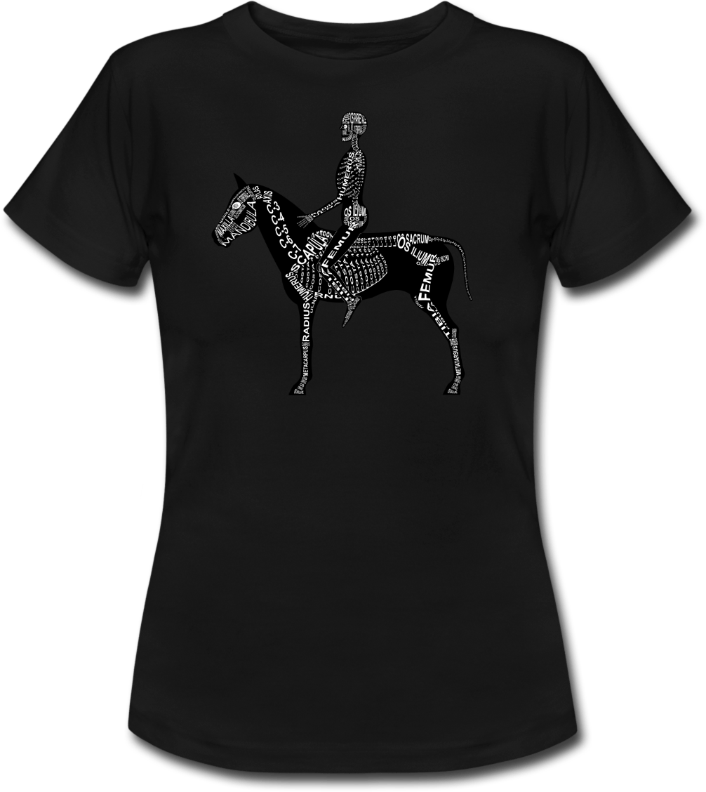 T-Shirt mit Reiter-Skelett mit Mensch und Pferd und anatomischer Bezeichnung der Knochen für Ärzte, Tierärzte und Medizin-Studenten - Wort Anatomie